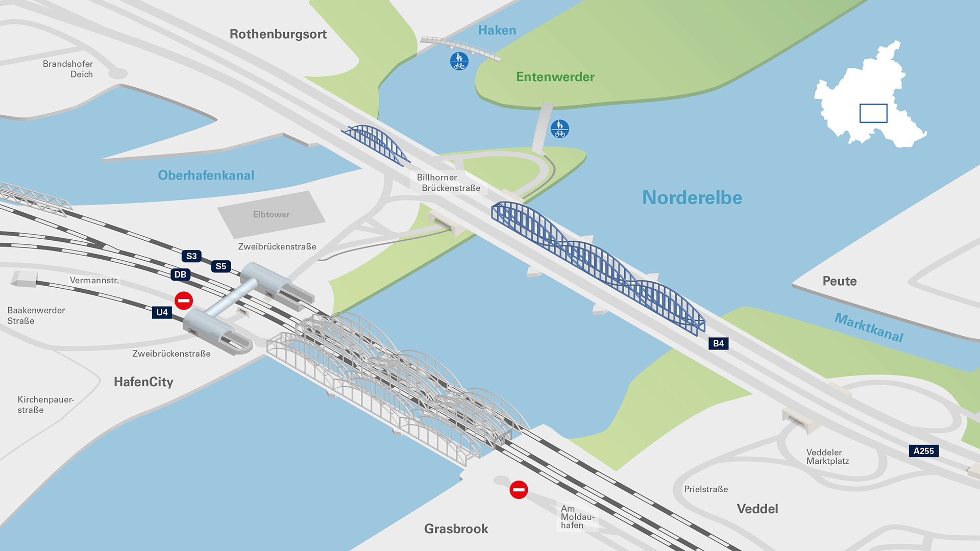 Bauphase 0: Ist-Zustand der Norderelbquerung mit ihren bestehenden Bauwerken.