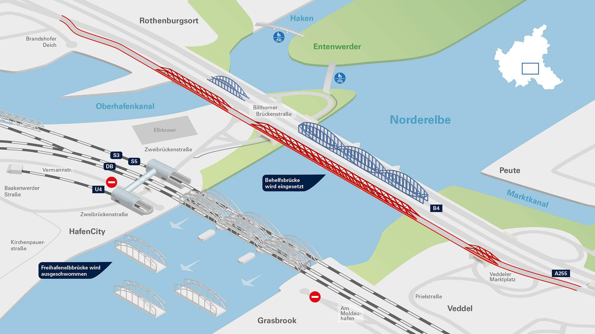 Phase 1:Teile der Freihafenelbbrücke werden ausgeschwommen. Die Behelfsbrücke westlich der Neuen Elbbrücken eingesetzt.