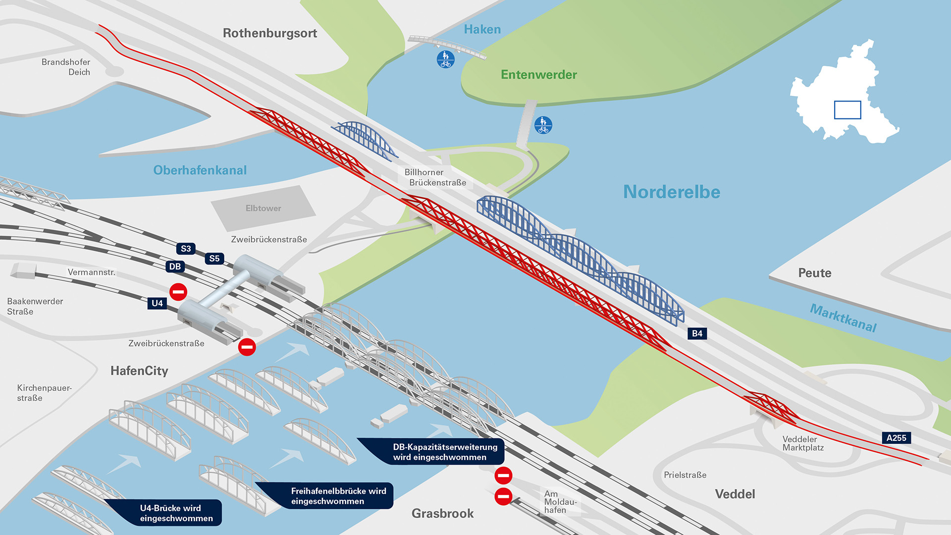 Phase 6: Brücke für die DB-Kapazitätserweiterung sowie die reparierte Freihafenelbbrücke werden eingeschwommen. Die U4-Brücke wird eingesetzt.