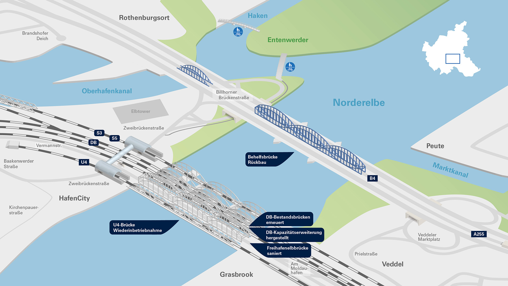 Phase 7: U4-Brücke ist in Betrieb, die Freihafenelbbrücke saniert. Auch die DB-Kapazitätserweiterung ist hergestellt. Die DB-Bestandsbrücken sind erneuert. Die Behelfsbrücke wird abgebaut.