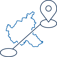 Umrisslinie der Stadtfläche Hamburgs mit zwei markierten Standorten, die durch eine diagonale Linie verbunden sind.